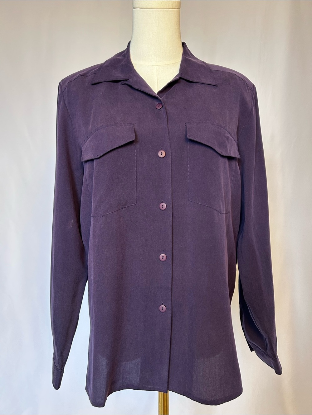 Vintage Anna & Frank Purple 100% Silk Button Up Utility Pockets Shirt Size Small